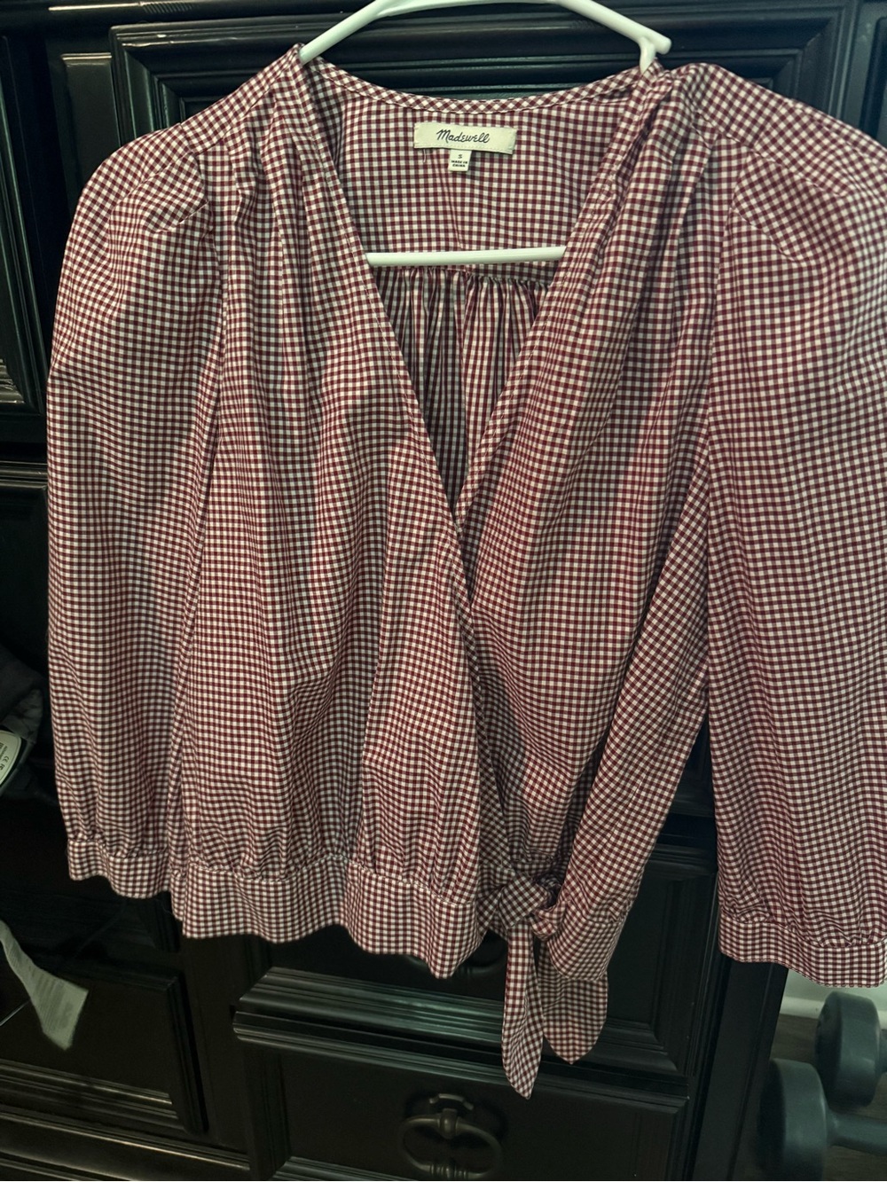 Madewell Red and White Gingham Wrap Blouse